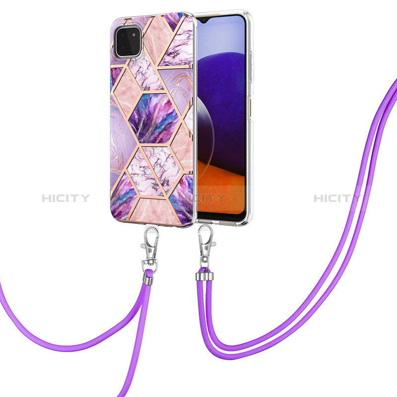 Silicone Candy Rubber Gel Fashionable Pattern Soft Case Cover with Lanyard Strap Y01B for Samsung Galaxy F42 5G Clove Purple