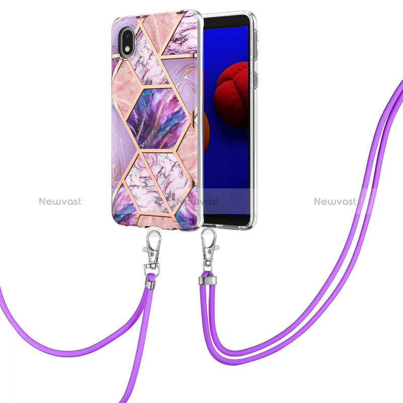 Silicone Candy Rubber Gel Fashionable Pattern Soft Case Cover with Lanyard Strap Y01B for Samsung Galaxy M01 Core Clove Purple