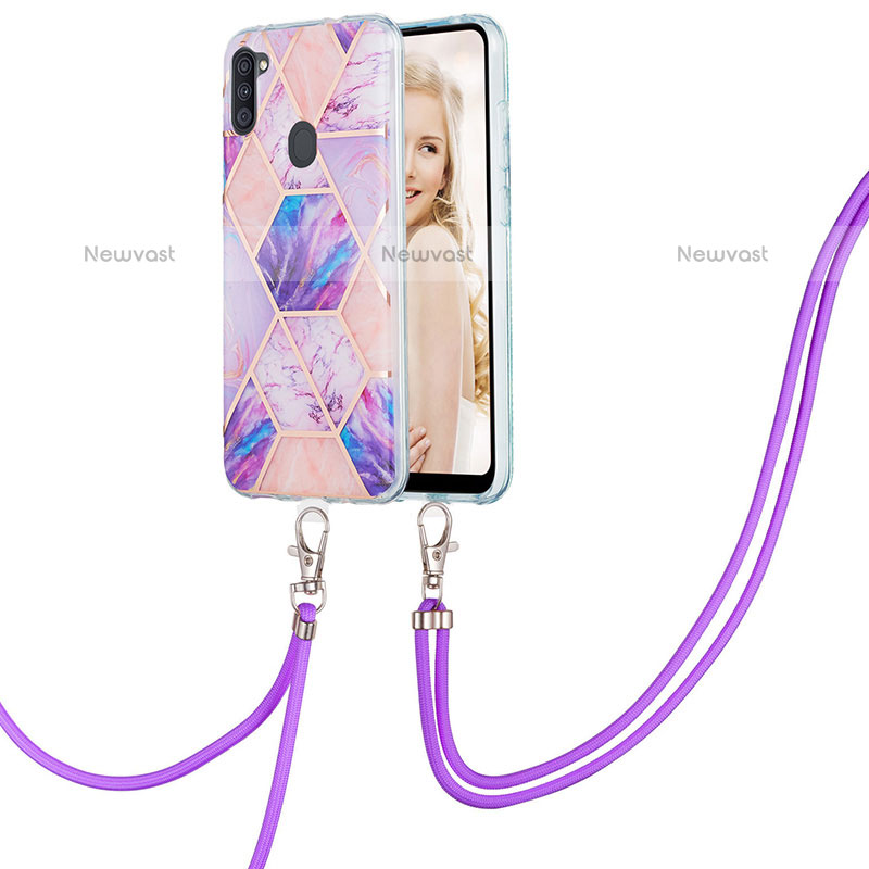 Silicone Candy Rubber Gel Fashionable Pattern Soft Case Cover with Lanyard Strap Y01B for Samsung Galaxy M11 Clove Purple