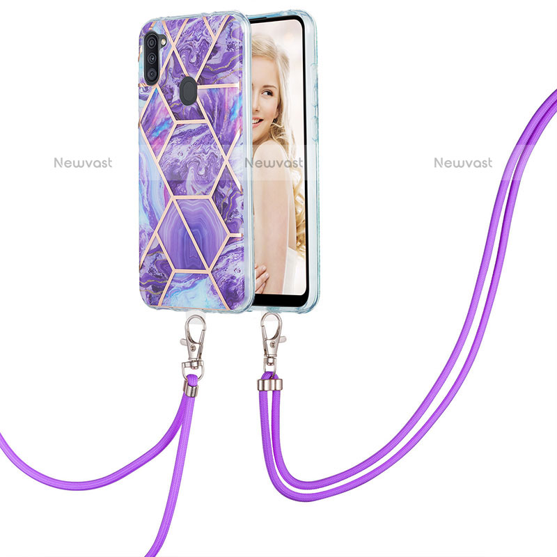 Silicone Candy Rubber Gel Fashionable Pattern Soft Case Cover with Lanyard Strap Y01B for Samsung Galaxy M11 Purple