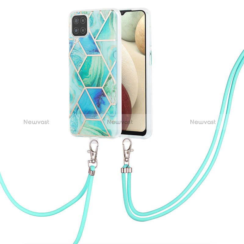 Silicone Candy Rubber Gel Fashionable Pattern Soft Case Cover with Lanyard Strap Y01B for Samsung Galaxy M12 Green