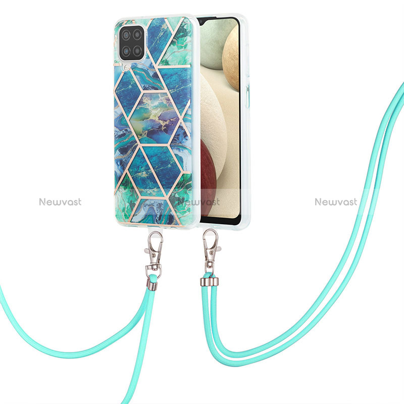 Silicone Candy Rubber Gel Fashionable Pattern Soft Case Cover with Lanyard Strap Y01B for Samsung Galaxy M12 Midnight Green