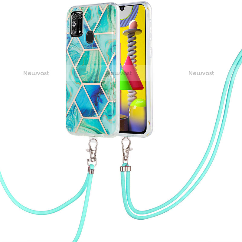 Silicone Candy Rubber Gel Fashionable Pattern Soft Case Cover with Lanyard Strap Y01B for Samsung Galaxy M31 Green