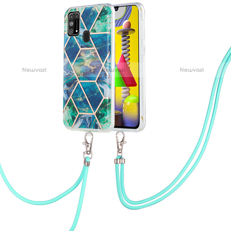 Silicone Candy Rubber Gel Fashionable Pattern Soft Case Cover with Lanyard Strap Y01B for Samsung Galaxy M31 Midnight Green