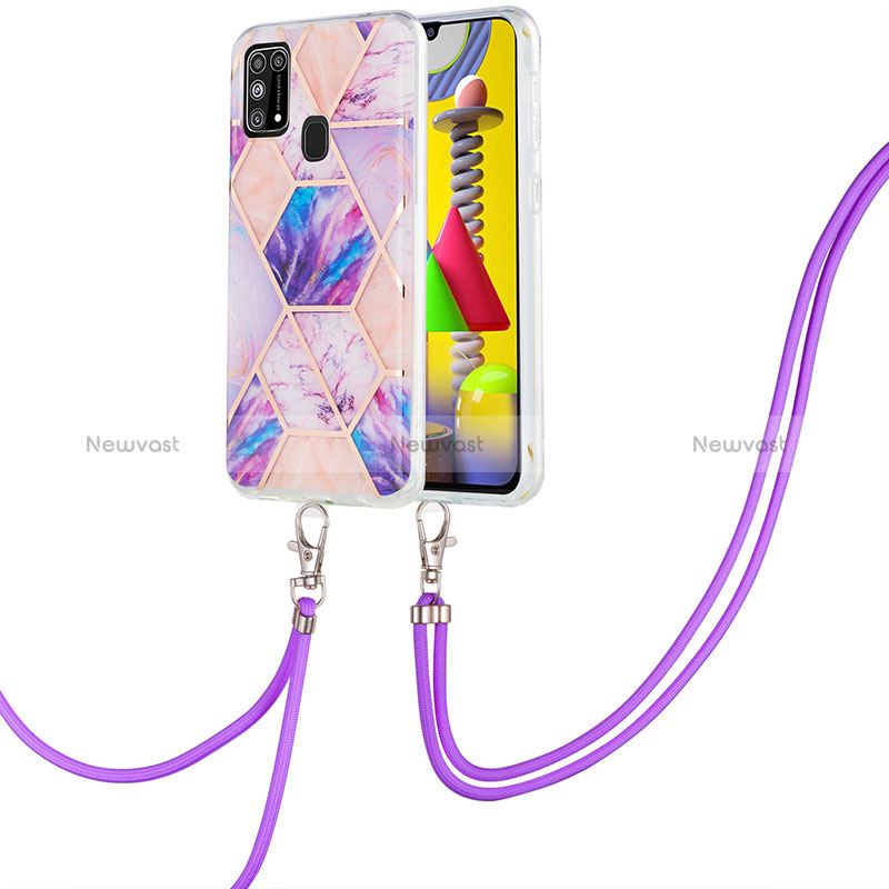 Silicone Candy Rubber Gel Fashionable Pattern Soft Case Cover with Lanyard Strap Y01B for Samsung Galaxy M31 Prime Edition Clove Purple