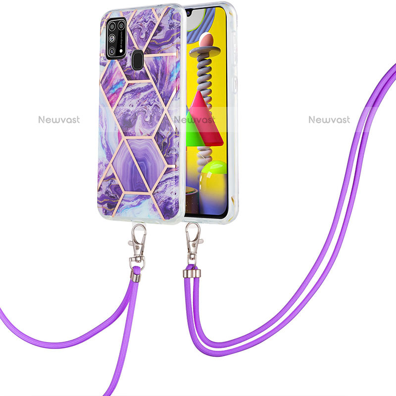 Silicone Candy Rubber Gel Fashionable Pattern Soft Case Cover with Lanyard Strap Y01B for Samsung Galaxy M31 Purple