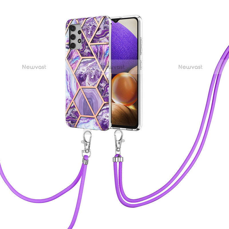 Silicone Candy Rubber Gel Fashionable Pattern Soft Case Cover with Lanyard Strap Y01B for Samsung Galaxy M32 5G Purple