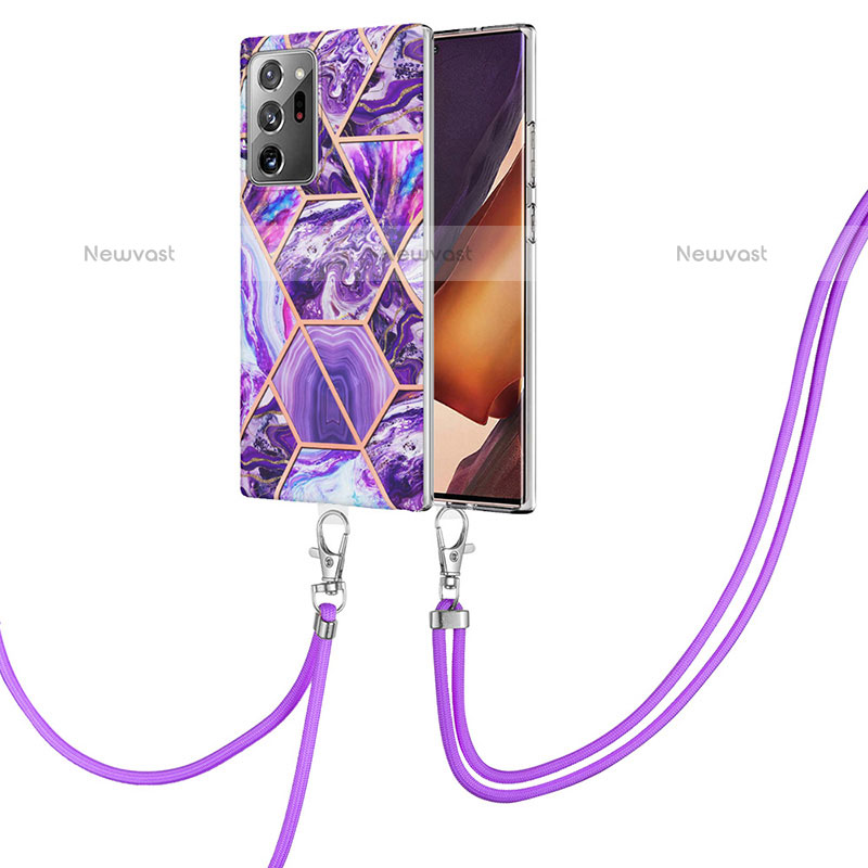 Silicone Candy Rubber Gel Fashionable Pattern Soft Case Cover with Lanyard Strap Y01B for Samsung Galaxy Note 20 Ultra 5G Purple