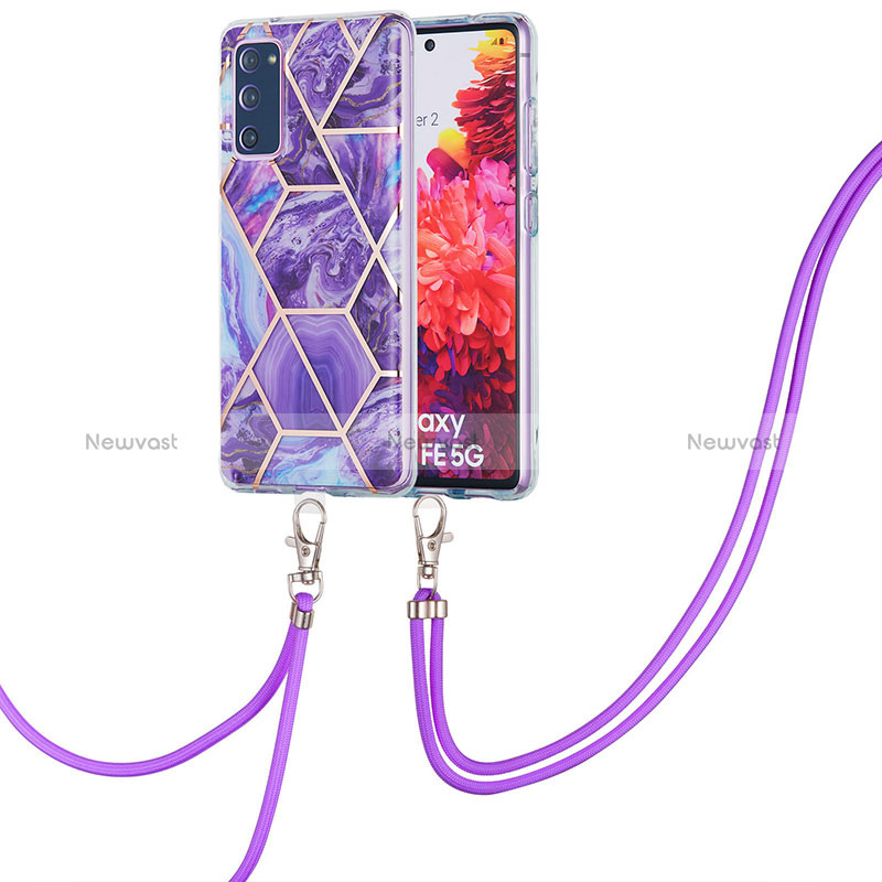 Silicone Candy Rubber Gel Fashionable Pattern Soft Case Cover with Lanyard Strap Y01B for Samsung Galaxy S20 FE (2022) 5G Purple