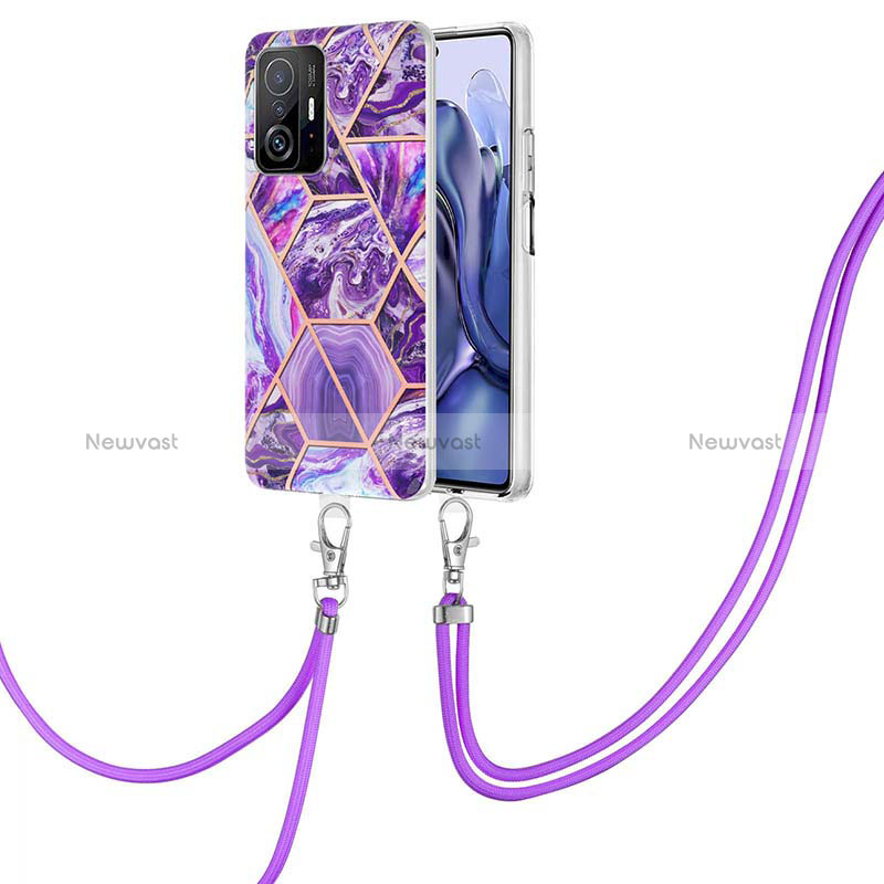 Silicone Candy Rubber Gel Fashionable Pattern Soft Case Cover with Lanyard Strap Y01B for Xiaomi Mi 11T Pro 5G Purple