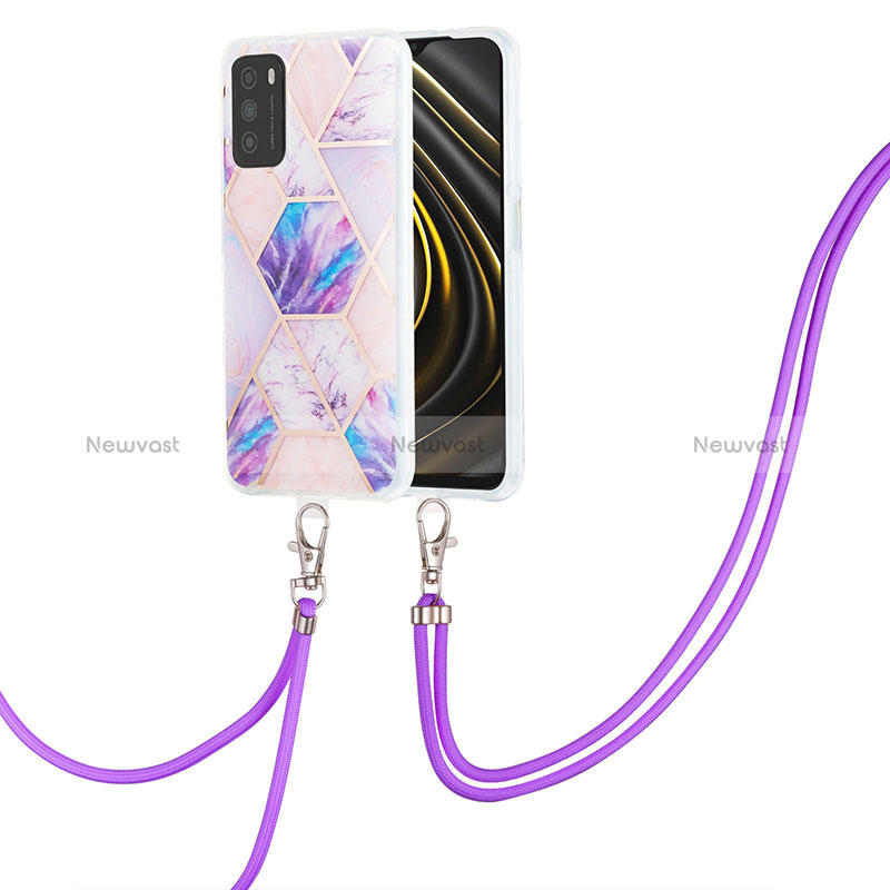 Silicone Candy Rubber Gel Fashionable Pattern Soft Case Cover with Lanyard Strap Y01B for Xiaomi Poco M3 Clove Purple