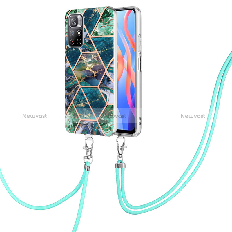 Silicone Candy Rubber Gel Fashionable Pattern Soft Case Cover with Lanyard Strap Y01B for Xiaomi Poco M4 Pro 5G Midnight Green
