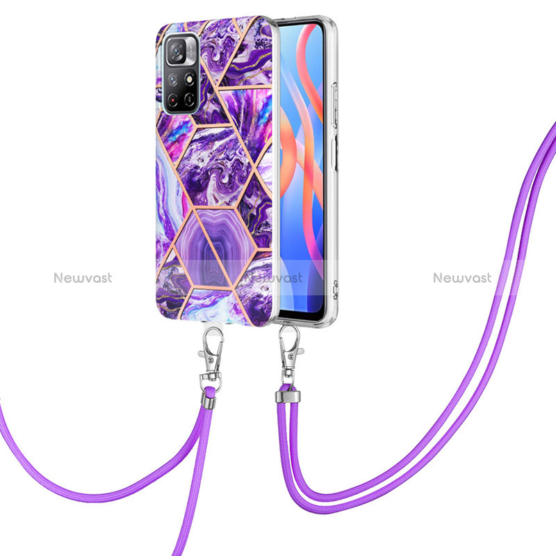 Silicone Candy Rubber Gel Fashionable Pattern Soft Case Cover with Lanyard Strap Y01B for Xiaomi Poco M4 Pro 5G Purple