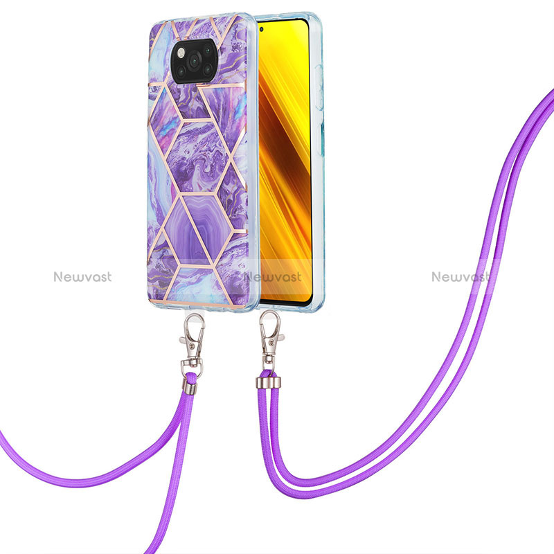 Silicone Candy Rubber Gel Fashionable Pattern Soft Case Cover with Lanyard Strap Y01B for Xiaomi Poco X3 NFC Purple