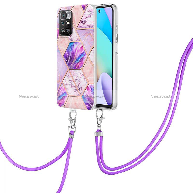 Silicone Candy Rubber Gel Fashionable Pattern Soft Case Cover with Lanyard Strap Y01B for Xiaomi Redmi 10 (2022) Clove Purple