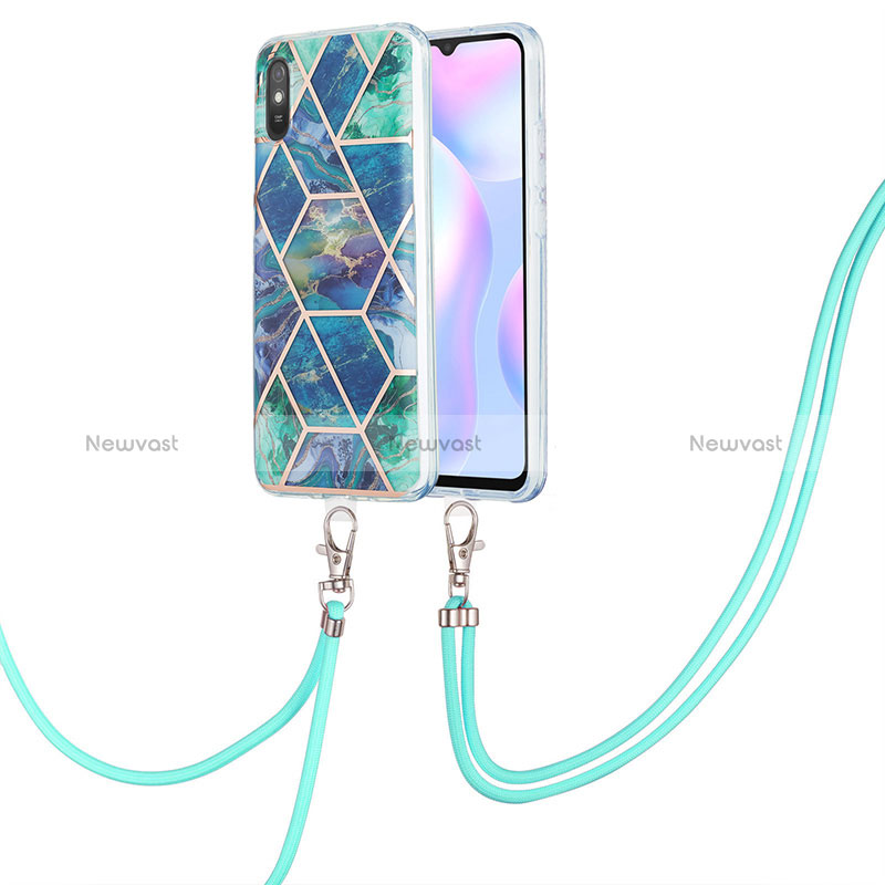 Silicone Candy Rubber Gel Fashionable Pattern Soft Case Cover with Lanyard Strap Y01B for Xiaomi Redmi 9A Midnight Green