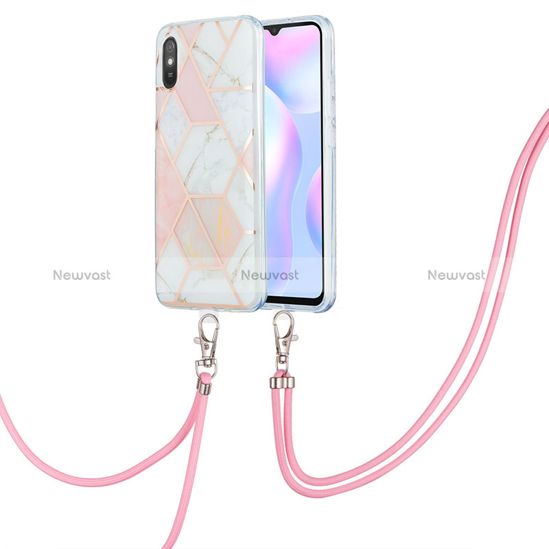 Silicone Candy Rubber Gel Fashionable Pattern Soft Case Cover with Lanyard Strap Y01B for Xiaomi Redmi 9A Pink