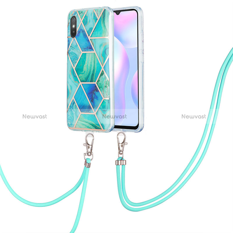 Silicone Candy Rubber Gel Fashionable Pattern Soft Case Cover with Lanyard Strap Y01B for Xiaomi Redmi 9AT Green