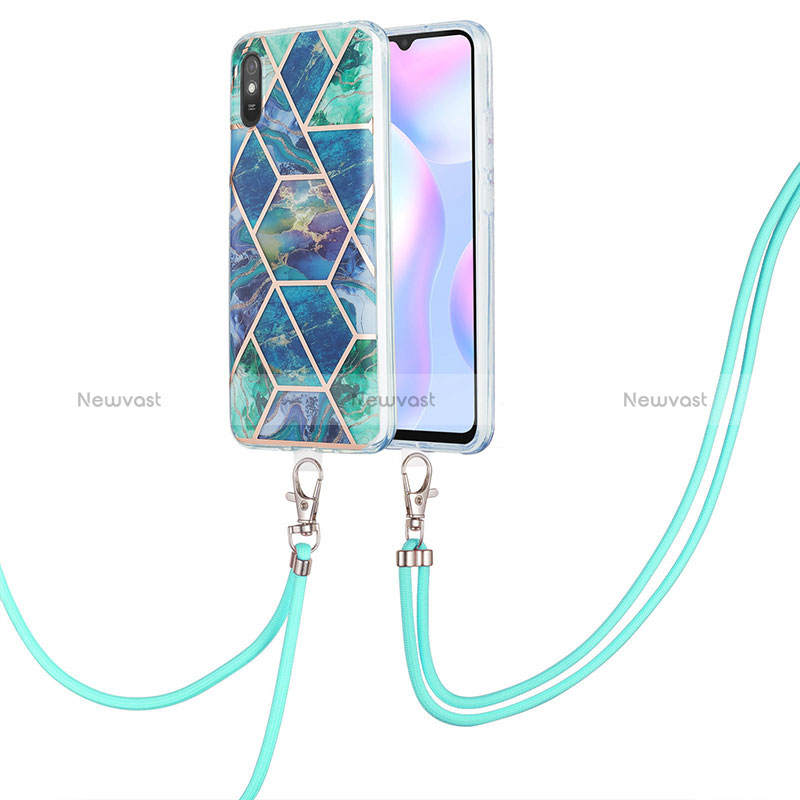 Silicone Candy Rubber Gel Fashionable Pattern Soft Case Cover with Lanyard Strap Y01B for Xiaomi Redmi 9i Midnight Green
