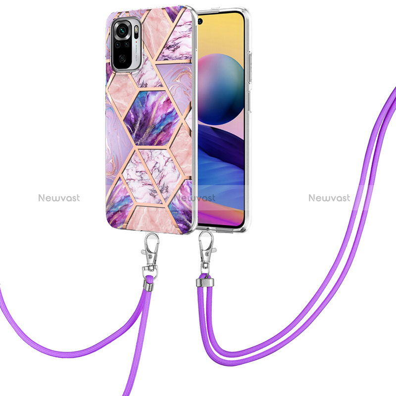 Silicone Candy Rubber Gel Fashionable Pattern Soft Case Cover with Lanyard Strap Y01B for Xiaomi Redmi Note 10 4G Clove Purple