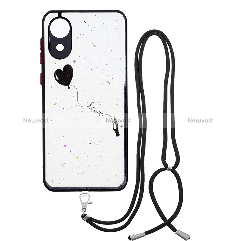 Silicone Candy Rubber Gel Fashionable Pattern Soft Case Cover with Lanyard Strap Y01X for Samsung Galaxy A03 Core Black