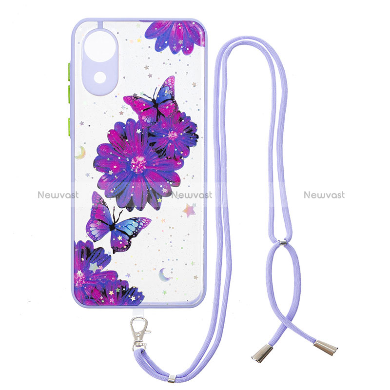 Silicone Candy Rubber Gel Fashionable Pattern Soft Case Cover with Lanyard Strap Y01X for Samsung Galaxy A03 Core Purple