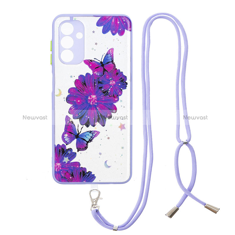 Silicone Candy Rubber Gel Fashionable Pattern Soft Case Cover with Lanyard Strap Y01X for Samsung Galaxy A04s Purple