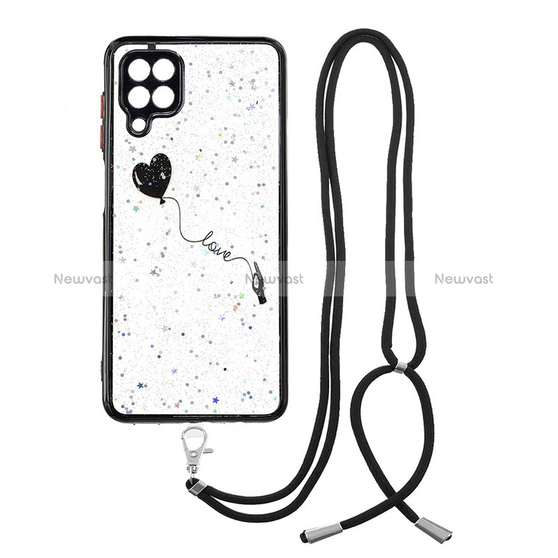 Silicone Candy Rubber Gel Fashionable Pattern Soft Case Cover with Lanyard Strap Y01X for Samsung Galaxy A12 5G Black