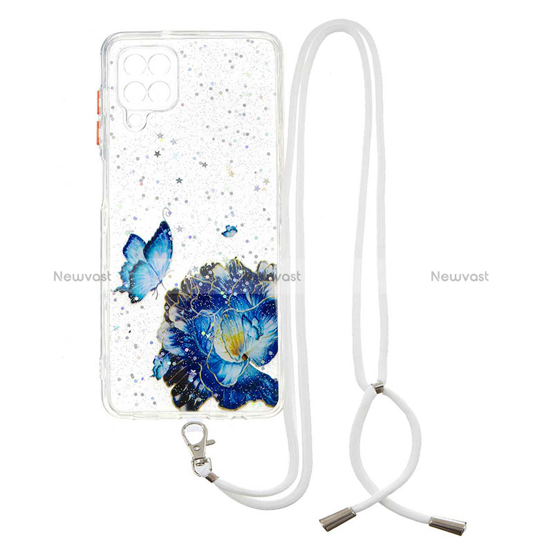 Silicone Candy Rubber Gel Fashionable Pattern Soft Case Cover with Lanyard Strap Y01X for Samsung Galaxy A12 5G Blue