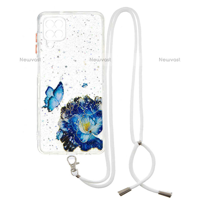 Silicone Candy Rubber Gel Fashionable Pattern Soft Case Cover with Lanyard Strap Y01X for Samsung Galaxy A12 Blue