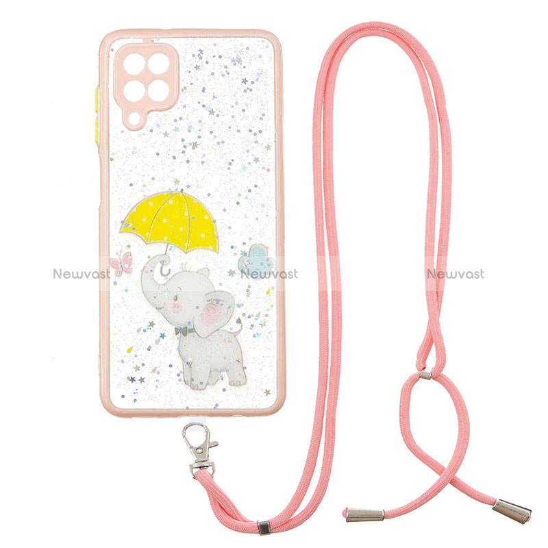 Silicone Candy Rubber Gel Fashionable Pattern Soft Case Cover with Lanyard Strap Y01X for Samsung Galaxy A12 Nacho Yellow