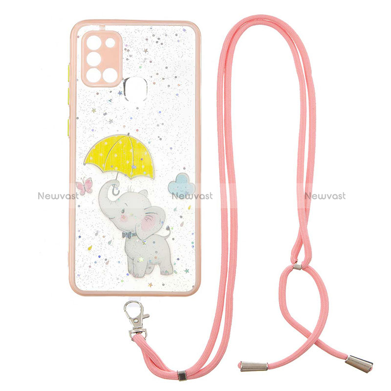 Silicone Candy Rubber Gel Fashionable Pattern Soft Case Cover with Lanyard Strap Y01X for Samsung Galaxy A21s