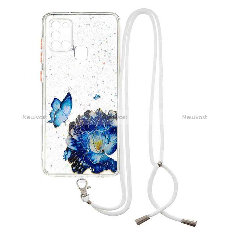 Silicone Candy Rubber Gel Fashionable Pattern Soft Case Cover with Lanyard Strap Y01X for Samsung Galaxy A21s