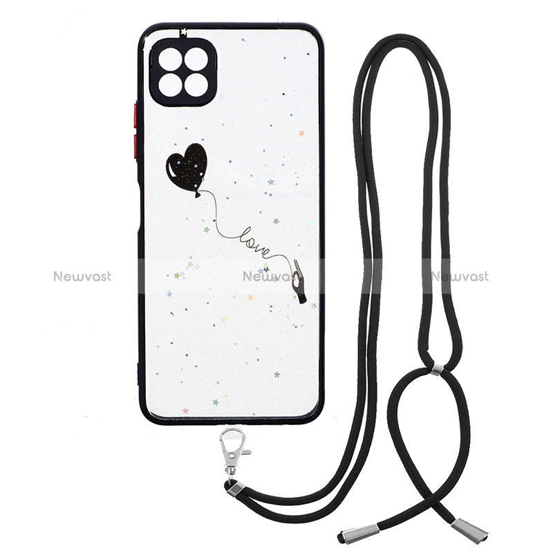 Silicone Candy Rubber Gel Fashionable Pattern Soft Case Cover with Lanyard Strap Y01X for Samsung Galaxy A22 5G Black