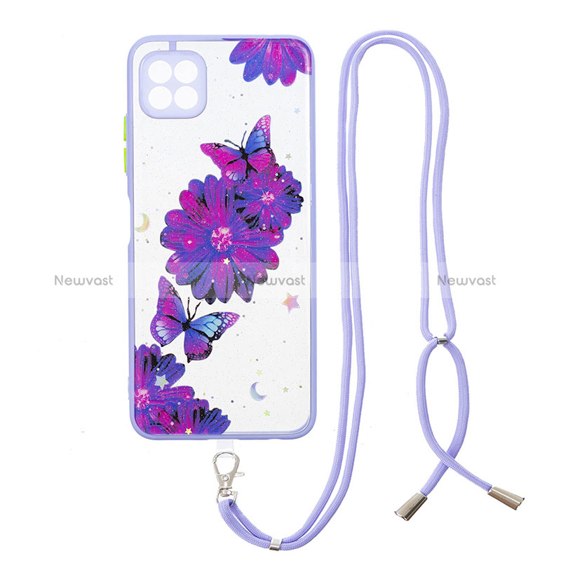 Silicone Candy Rubber Gel Fashionable Pattern Soft Case Cover with Lanyard Strap Y01X for Samsung Galaxy A22 5G Purple