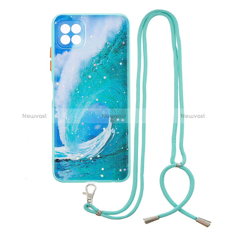 Silicone Candy Rubber Gel Fashionable Pattern Soft Case Cover with Lanyard Strap Y01X for Samsung Galaxy A22s 5G Green