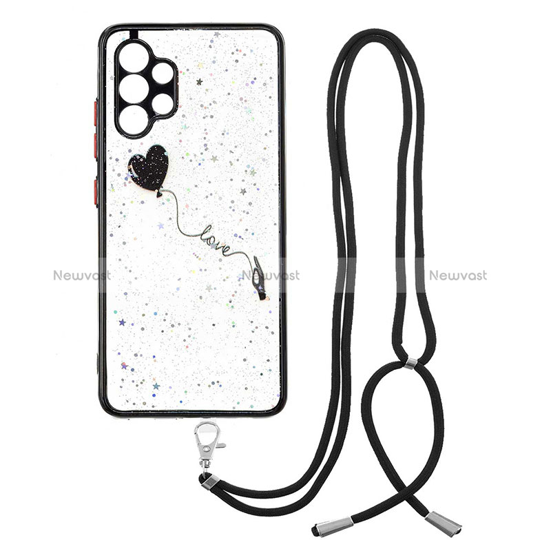 Silicone Candy Rubber Gel Fashionable Pattern Soft Case Cover with Lanyard Strap Y01X for Samsung Galaxy A32 4G Black