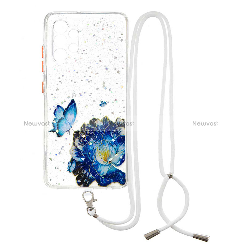 Silicone Candy Rubber Gel Fashionable Pattern Soft Case Cover with Lanyard Strap Y01X for Samsung Galaxy A32 4G Blue