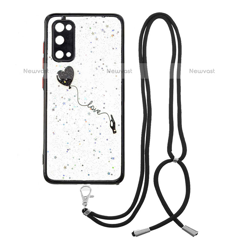 Silicone Candy Rubber Gel Fashionable Pattern Soft Case Cover with Lanyard Strap Y01X for Samsung Galaxy S20 5G Black