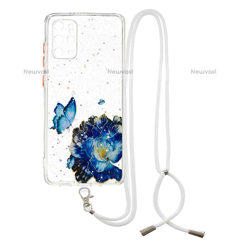 Silicone Candy Rubber Gel Fashionable Pattern Soft Case Cover with Lanyard Strap Y01X for Samsung Galaxy S20 Plus Blue