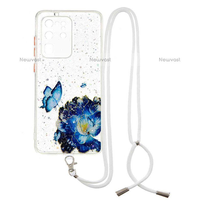 Silicone Candy Rubber Gel Fashionable Pattern Soft Case Cover with Lanyard Strap Y01X for Samsung Galaxy S20 Ultra Blue