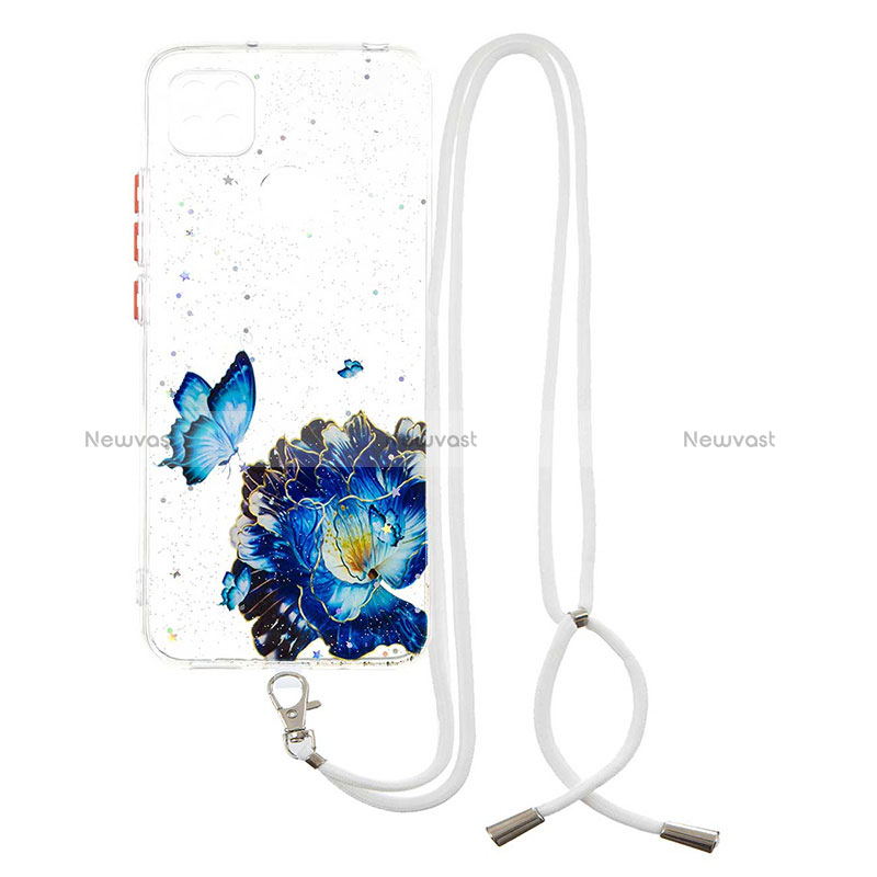 Silicone Candy Rubber Gel Fashionable Pattern Soft Case Cover with Lanyard Strap Y01X for Xiaomi POCO C3 Blue