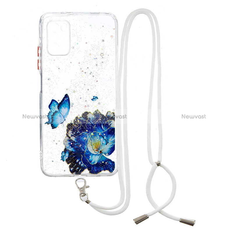 Silicone Candy Rubber Gel Fashionable Pattern Soft Case Cover with Lanyard Strap Y01X for Xiaomi Poco M3 Blue