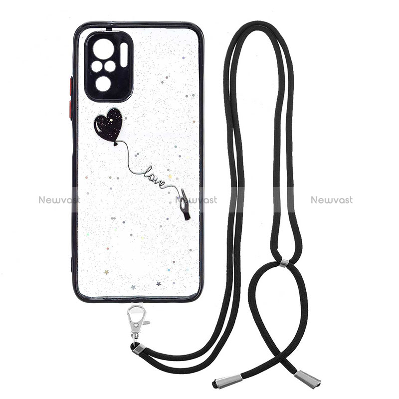 Silicone Candy Rubber Gel Fashionable Pattern Soft Case Cover with Lanyard Strap Y01X for Xiaomi Poco M5S Black