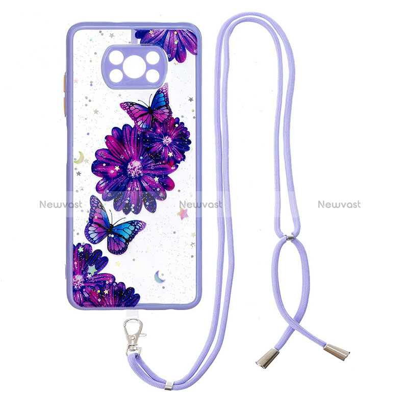 Silicone Candy Rubber Gel Fashionable Pattern Soft Case Cover with Lanyard Strap Y01X for Xiaomi Poco X3 Purple