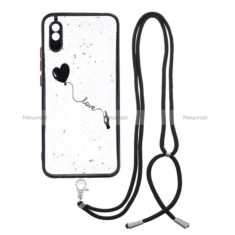 Silicone Candy Rubber Gel Fashionable Pattern Soft Case Cover with Lanyard Strap Y01X for Xiaomi Redmi 9AT Black