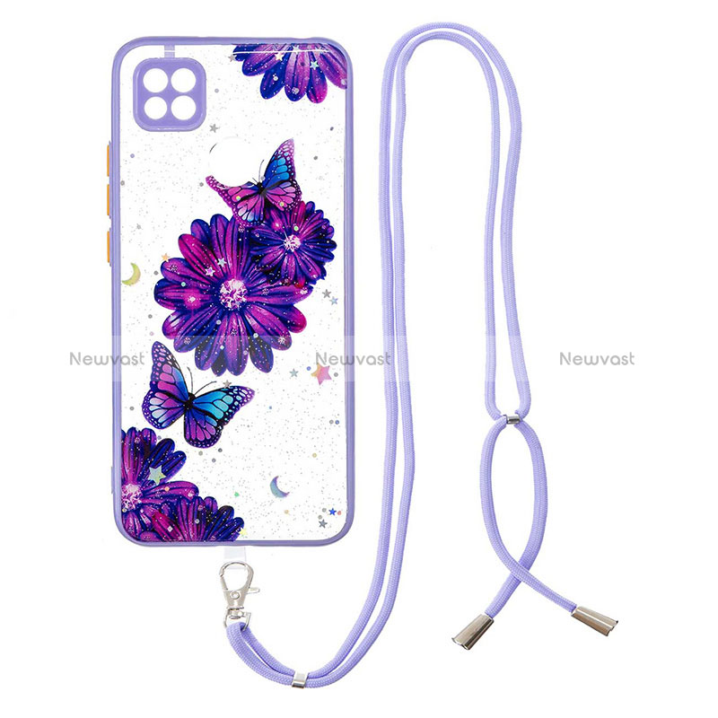 Silicone Candy Rubber Gel Fashionable Pattern Soft Case Cover with Lanyard Strap Y01X for Xiaomi Redmi 9C Purple