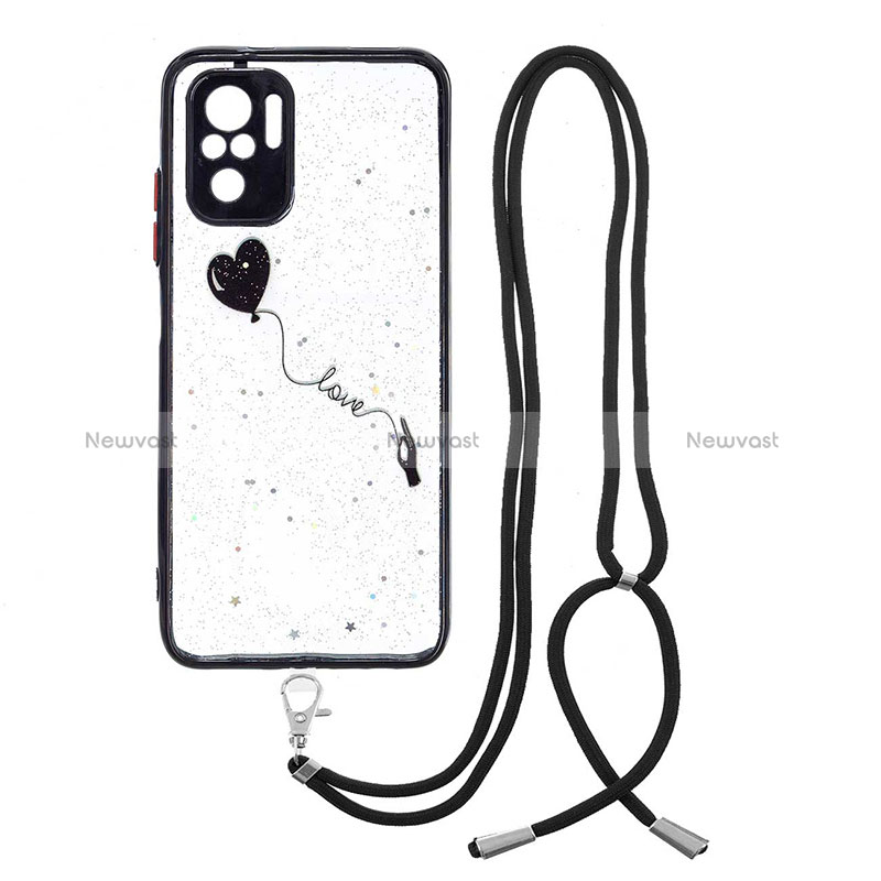 Silicone Candy Rubber Gel Fashionable Pattern Soft Case Cover with Lanyard Strap Y01X for Xiaomi Redmi Note 10 4G Black