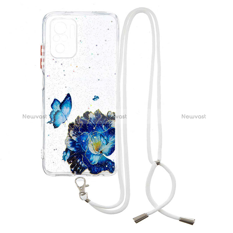 Silicone Candy Rubber Gel Fashionable Pattern Soft Case Cover with Lanyard Strap Y01X for Xiaomi Redmi Note 10 4G Blue
