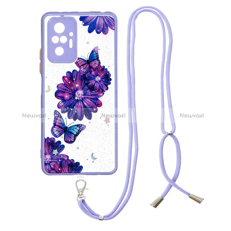 Silicone Candy Rubber Gel Fashionable Pattern Soft Case Cover with Lanyard Strap Y01X for Xiaomi Redmi Note 10 Pro 4G Purple